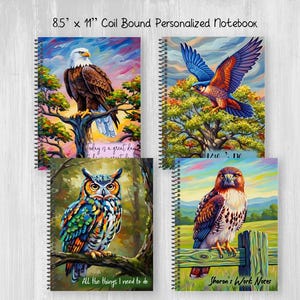 May include: Four coil-bound notebooks, each 8.5 x 11 inches, feature vibrant bird illustrations. An eagle, falcon, owl, and hawk are depicted with colorful backgrounds. Text includes "Today is a great day," "All the things I need to do," and "Sharon's Work Notes."