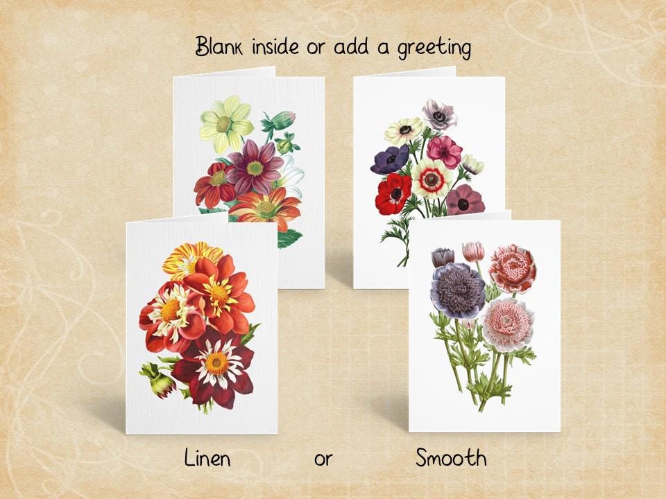 Dahlia and Anemones Flowers Greeting Card Pack, Botanical Floral Note Cards, Blank Stationery Set With Peel and Stick Envelopes