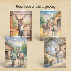 May include: Four greeting cards featuring watercolour illustrations of donkeys. The cards are blank inside and can be used for a variety of occasions.