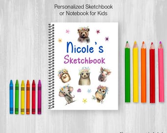 Baby Animals Sketchbook, Personalized Notebook, Drawing Journal For Adults or Kids with Customize Name, Coil Bound