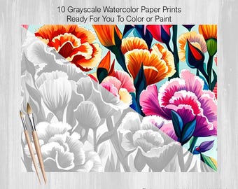 Birth Month Flowers 12 Grayscale Painting Prints on Watercolor Paper, DYI Wall Art, Color, Paint, Acrylic, Pens, Marker, Pastels, Craft Gift