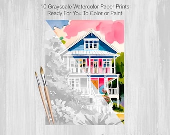 Beach Cottages, Houses, 10 Grayscale Painting Pages, Printed on Watercolor Paper, Color, Paint, Acrylics, Pens, Markers, Pastels