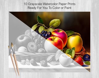 Grayscale Watercolor Painting, 10 Fruit Baskets and Bowls, Printed on Watercolor Paper, Color, Paint, Acrylics, Pen, Markers, Pastels