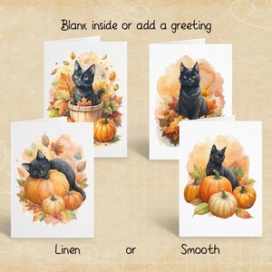 Jeu de cartes chats noirs, citrouilles et feuilles d'automne, cartes de voeux des fêtes, papeterie d'automne, lin ou enveloppes lisses, autocollantes
