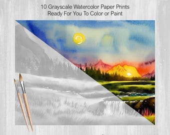 Grayscale Watercolor Painting, 10 Mountain and Lake Landscapes Printed on Watercolor Paper, Color, Paint, Acrylics, Pens, Markers, Pastels