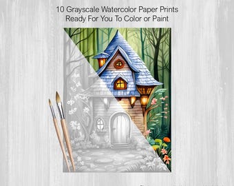Fairy and Mushroom Houses, 10 Grayscale Painting Pages, Printed on Watercolor Paper, Color, Paint, Acrylics, Pens, Markers, Pastels