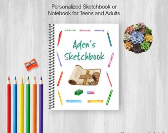Watercolor Art Supplies Sketchbook, Personalized Notebook, Drawing Journal For Adults or Kids with Customize Name, Coil Bound