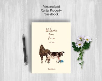 Personalized Guestbook With Name and Logo, Airbnb VRBO Vacation Rental, Welcome Book for Farm or Ranch, Hardcover Book, Prompt Questions