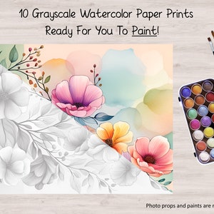 Grayscale Watercolor Painting, 10 Muted Pastel Flowers Floral, Printed on Watercolor Paper, Color, Paint, Acrylics, Pens, Markers, Pastels
