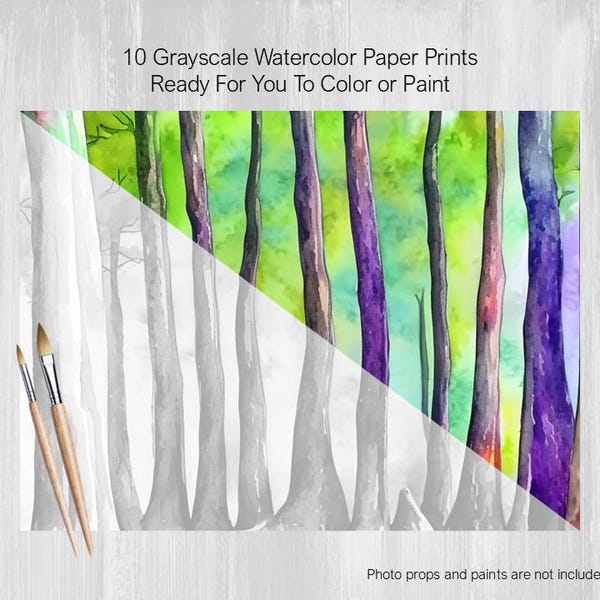 Grayscale Watercolor Painting, 10 Abstract Forest Trees, Printed on Watercolor Paper, Color, Paint, Acrylics, Pens, Markers, Pastels