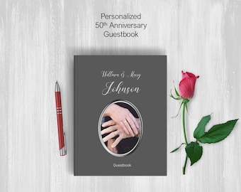 Personalized 25th Anniversary Guestbook With Name and Photo, Custom Party Guest Hardcover Book, Custom Prompt Questions