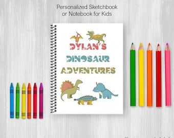 Dinosaur Sketchbook, Personalized Notebook, Drawing Journal For Adults or Kids with Customize Name, Coil Bound