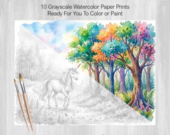 Unicorn Painting Pages, 10 Grayscale Prints on Watercolor Paper, Color, Paint, Acrylics, Markers, Pastels, Crayons, Adults, Kids, Teens,