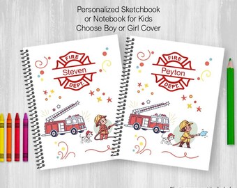 Personalized Notebook, Firefighter Fire Truck Sketchbook, Coil Bound, Write Stories, Drawing Journal, Book For Kids or Teens, Customize Name