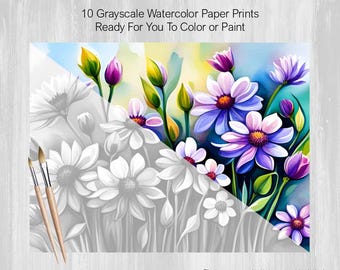 Grayscale Watercolor Painting, 10 Flowers in Fields, Floral, Printed on Watercolor Paper, Color, Paint, Acrylics, Pens, Markers, Pastels