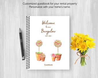 Personalized Guestbook With Name and Logo, Airbnb VRBO Vacation Rental, Welcome Book for Bungalow Home, Coil Bound Book, Prompt Questions
