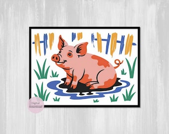 A Happy Pig In Mud Wall Art, Funny Pig Art, Digital Download Art, Poster