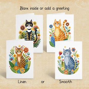 Cute Striped Cats In The Garden, Greeting Card Pack, Botanical Note Cards, Blank or Personalized Stationery Set, Peel and Stick Envelopes