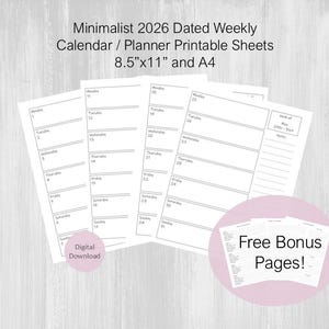 2026 Planner Printable Bundle, Weekly Calendar, Minimalist, Monday Start, Bonus Pages, Instant Download