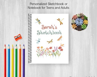 Dragonflies and Flowers Sketchbook, Personalized Notebook, Drawing Journal For Adults or Kids with Customize Name, Coil Bound
