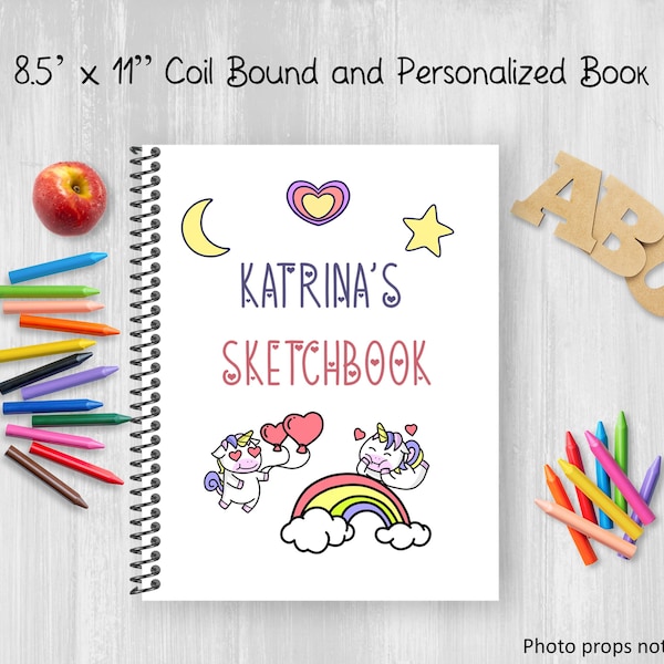 Personalized Notebook, Colorful Unicorns Sketchbook, Coil Bound, Write Stories, Drawing Journal, Book For Kids or Teens, Customize Name