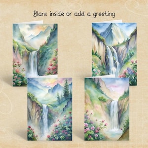 Cascades dans les montagnes, aquarelle imprimée sur une carte, A6, A7, cartes de correspondance, ensemble de papeterie, enveloppes autocollantes