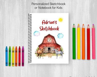 Farm Horses, Ponies, Sketchbook, Personalized Notebook, Drawing Journal For Adults or Kids with Customize Name, Coil Bound