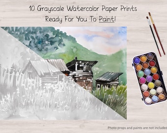 Grayscale Watercolor Painting, 10 Farm and Landscapes Printed on Watercolor Paper, Color, Paint, Acrylics, Pens, Markers, Pastels, Art Gift