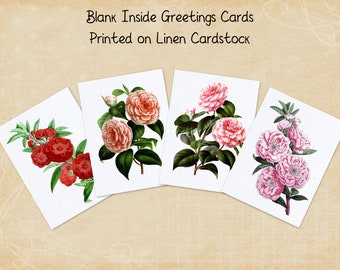 Camellia Flower Bouquets, Floral Greeting Cards, Botanical Note Cards, Blank Stationery With Envelopes, A6 Size, White or Natural Linen