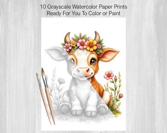 Kids Teens, Painting Pages, 10 Baby Farm Animals, Grayscale Printed Watercolor Paper, Color, Paint, Acrylics, Markers, Crayons, Pencils
