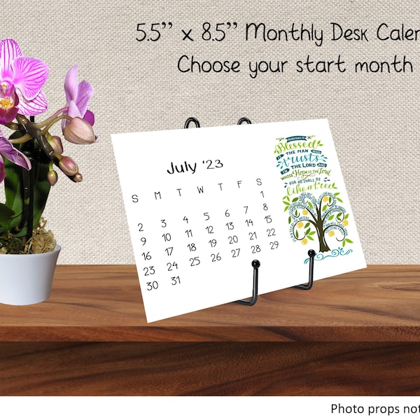 Monthly Desk Calendar for 2023 or 2024, Choose Your Start Month,  Colorful Bible Verses, Scripture, 5.5" x 8.5" with 6" Metal Stand, Set 1