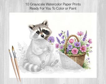 Grayscale Watercolor Painting, 10 Woodland Baby Animals, DYI Nursery Art, Printed on Watercolor Paper, Color, Paint, Acrylics, Markers