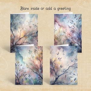 Aquarelle abstraite de branches d'arbre, pastels et gris, jeu de cartes de voeux, A6, A7, cartes de correspondance, papeterie, enveloppes autocollantes