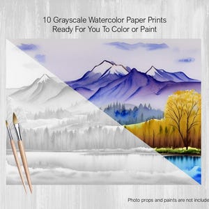 Grayscale Watercolor Painting, 10 Lake Landscapes, Flower Trees, Printed on Watercolor Paper, Color, Paint, Acrylics, Pens, Markers, Pastels