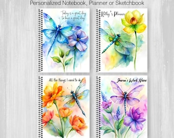 Watercolor Dragonflies on Colorful Flowers Personalized Notebook or Planner, Custom Interior Paper Type