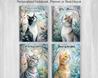 Watercolor Cats In Nature Personalized Notebook or Planner, Custom Interior Paper Type