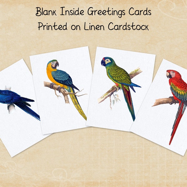 Macaw Parrots Greeting Cards, Bird Note Cards, Blank Stationery With Envelopes, A6 Size, White or Natural Linen, High Quality