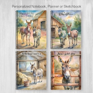 May include: Spiral-bound notebooks with donkey illustrations. The notebooks feature watercolour paintings of donkeys in various settings, including a barn and a field. Text on the covers includes "Today is a great day to have a great day," "Kathy's Planner," "All the things I need to do," and "Sharon's Work Notes."