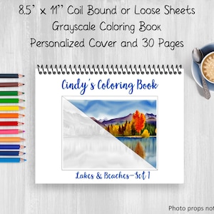 Grayscale Adult Coloring Book, Beach and Mountain Lake Landscapes, 30 Pages, 8.5 x 11, Personalized Name, Printed Pages or Coil Book