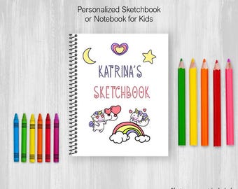 Colorful Unicorns Sketchbook, Personalized Notebook, Drawing Journal For Adults or Kids with Customize Name, Coil Bound