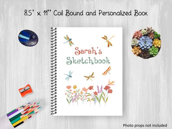 Personalized Notebook, Dragonflies and Flowers Sketchbook, Coil