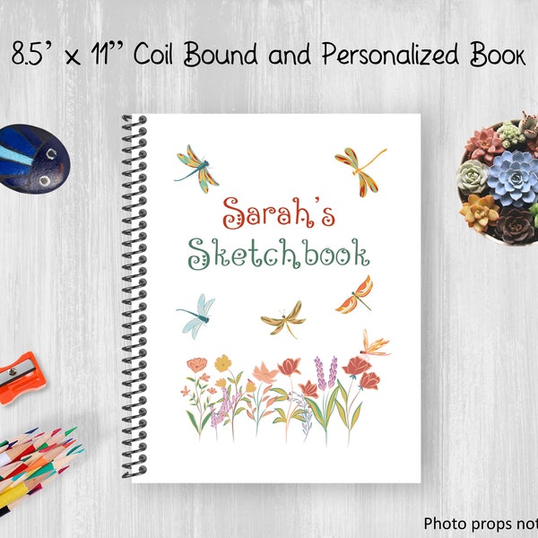 Personalized Notebook, Dragonflies and Flowers Sketchbook, Coil Bound, Write Stories, Drawing Journal, Teens, Adults, Customize With Name