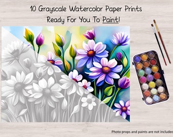 Grayscale Watercolor Painting, 10 Flowers in Fields, Floral, Printed on Watercolor Paper, Color, Paint, Acrylics, Pens, Markers, Pastels