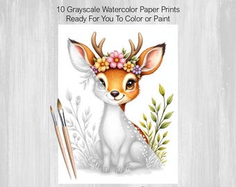 Kids Teens, Painting Pages, 10 Baby Woodland Animals, Grayscale Printed Watercolor Paper, Color, Paint, Acrylics, Markers, Crayons, Pencils