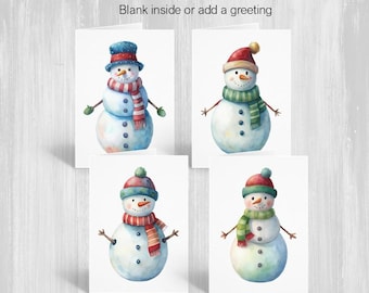 Watercolor Snowman Christmas Cards, A6 Greeting Card Pack, Stationery Set, Assorted Holiday Note Cards