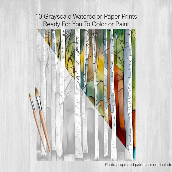10 Abstract Forest Trees Grayscale Painting Pages, Printed on Watercolor Paper, Color, Paint, Acrylics, Pens, Markers, Pastels