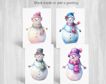 Watercolor Christmas Snow-woman Cards, A6 Greeting Card Pack, Stationery Set, Assorted Holiday Note Cards