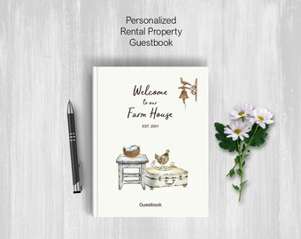 Personalized Guestbook With Name and Logo, Airbnb VRBO Vacation Rental, Welcome Book for Farm Ranch House, Hardcover Book, Prompt Questions