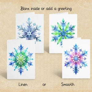 Cartes aquarelle flocon de neige, paquet de cartes de voeux du Nouvel An, papeterie de Noël, lin ou enveloppe lisse, autocollante