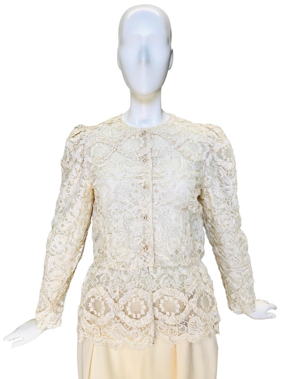 1980's Morton Myles Ivory Re-embroidered Lace Jac… - image 1
